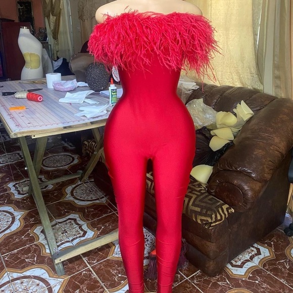 Pants - Red Feather Off-Shoulder Jumpsuit
